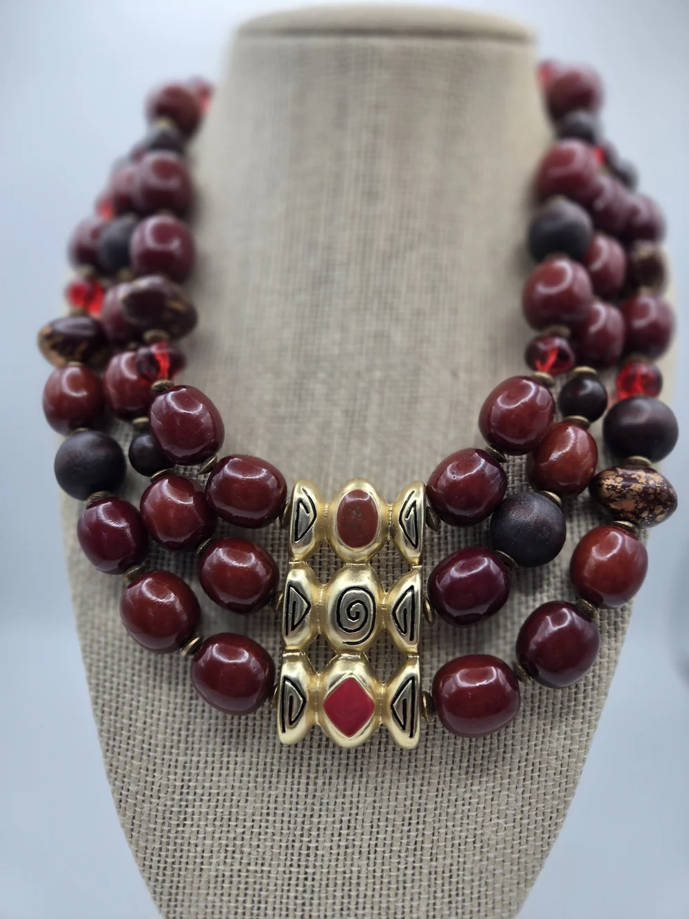 Chico's MultiStrand Burgundy Red Gold Statement Necklace Tribal Focal Chunky Bib